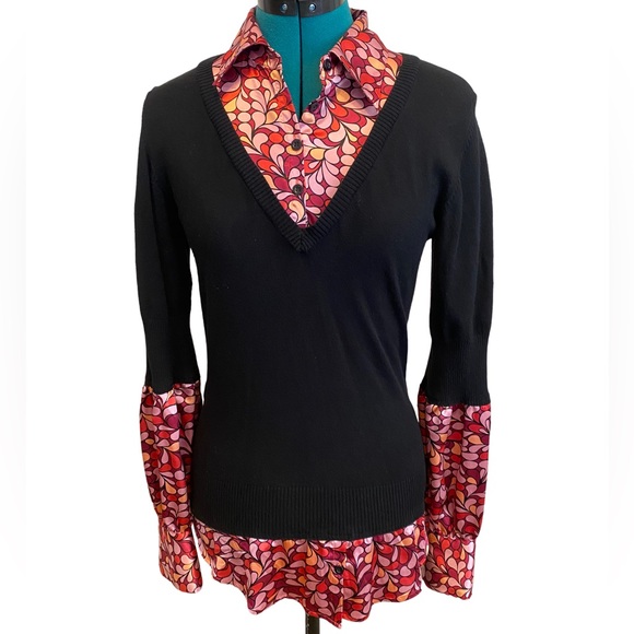 Bisou Bisou Sweaters - Bisou Bisou Michele Bohbot Sweater Size M Faux Collared Shirt Black V-Neck